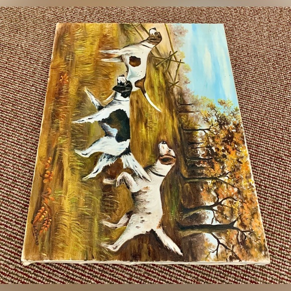 Mid Century Vintage Acrylic on Canvas 3 Dogs Hunting in Field Painting - Picture 8 of 13